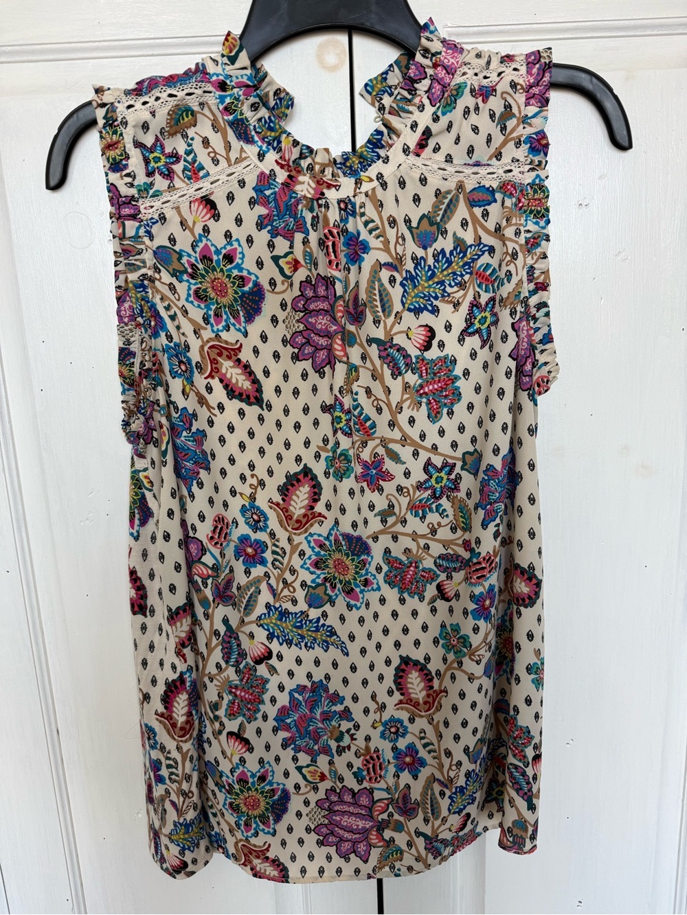 LOFT Floral Sleeveless Ruffle Neck Top in Cream with Multicolor Print